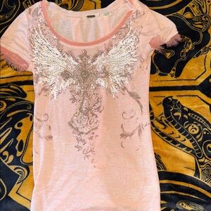 Miss Me Pink Heather Scoop Neck Tee with Embellished Detail